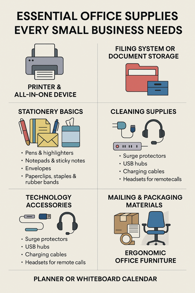 Small business desk setup with printer, laptop, and supplies Home office with wireless keyboard, mouse, and notepad